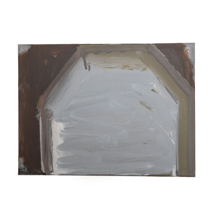 A painting of House a grey and brown painting on a white background.