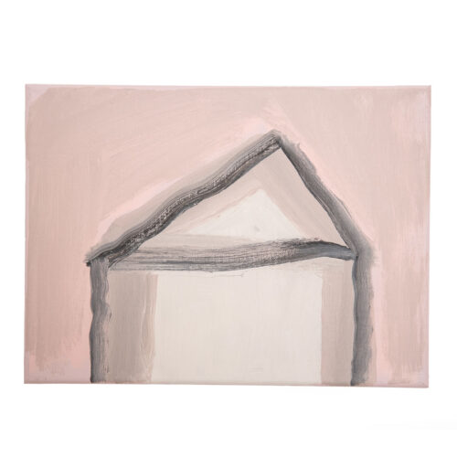 A painting of Houses in pink and gray.