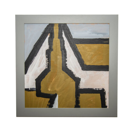 An abstract painting called "Rooftops no.2" with a yellow, black and white background.