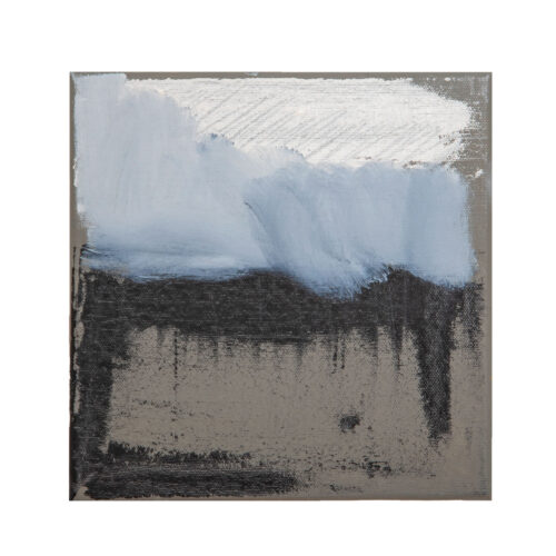 A painting with gray and blue paint on a white background called Landscapes.