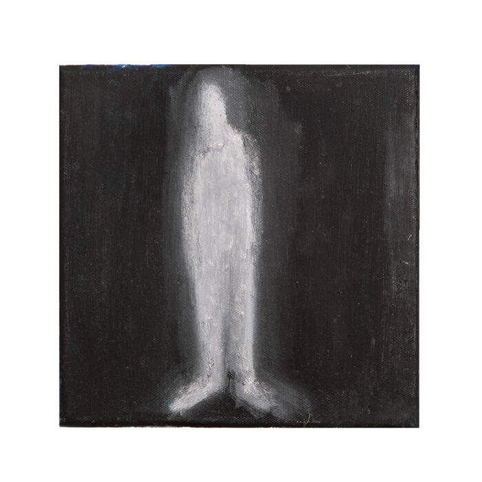 A painting of Men in White no.1 standing on a black background.